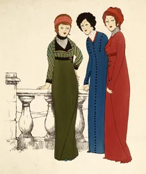 Three ladies in dresses (colour lithograph)