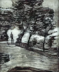 Park Path, with Tall Man and Dog