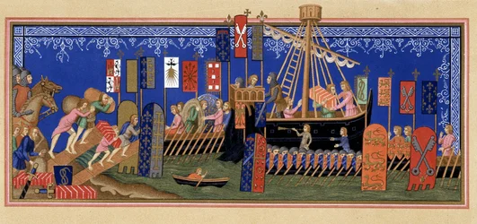 Embarkment of the Knights of the Holy Spirit for the Crusade - based on miniature of the 14th century, in 