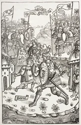 King Arthur Protected by the Virgin, Fighting a Giant (After Woodcut in Chroniques de Bretagne)