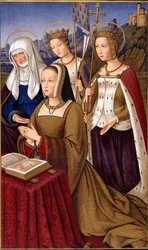 Portrait of Anne of Brittany, Queen of France, in prayer with her holy patron saint Saint Anne, Saint Helene and Saint Ursule - in 