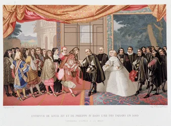 Thirty Years War: Interview of the King of France Louis XIV and Philip IV of Spain on the Island of Paisans on 7/11/1659. Spain Agrees to Sign the Treaty of the Pyrenees. The Daughter of Philip IV, Marie Therese