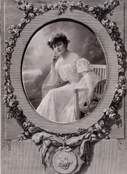 Portrait of a Lady Sitting on an Oval Bench in a Background Decorated with Flowers
