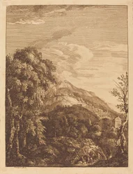 Mountainous Landscape with a Waterfall, Round Tower, Castle, and Banditti