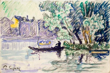 Fisherman in a Boat Near a Bank of the Seine