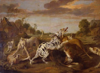 Hounds Fighting in a Village Landscape with a Hunting Party Beyond