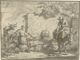 Woman and Man on a Donkey by a Water Well