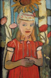 Girl in red dress in front of sunflower, 1907