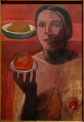 Half-Nude Italian Woman with Plate in Raised Hand
