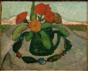 Still Life with Marigolds in Front of Landscape