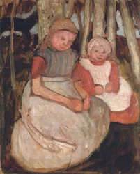 Two Seated Girls Before Birch Trunks