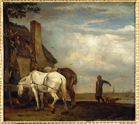 Two Work Horses in Front of a Farmhouse