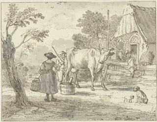 Farmers with a Cow in Front of the House