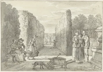 Various People in a Garden with High Hedges