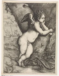 Cupid Musing by a Tree Trunk
