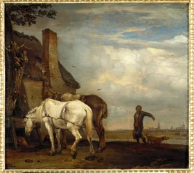 Two Horses in Front of a Farmhouse
