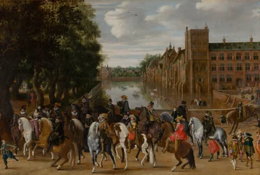 The Princes of Orange and Their Families on Horseback, Riding Out from The Buitenhof, The Hague, c.1621-22