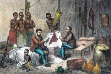 Livingstone and Stanley receiving newspapers in Central Africa, 1871-1873