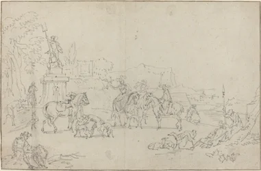 An Elegant Hunting Party Resting by a Fountain