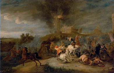 A cavalry skirmish with soldiers pillaging a village
