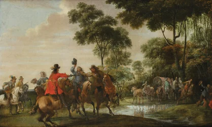 Highwaymen raiding a tilt car by a forest stream