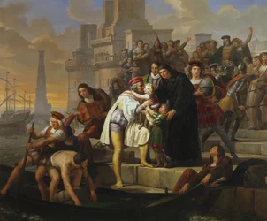 Christopher Columbus Embracing His Two Sons and Recommending Them to Father Giovanni Perez Before Leaving Palos