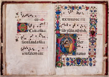 Piccolomini Library: choir book, cod. 102.8, ff. 47v-48r with “Nativity”