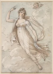 Woman Floating in the Sky, Observed by a Cherub