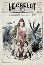 One issue of “The Bell” representing an allegory of the national anthem “La Marseillaise” advancing while the nobles clog their ears as they flee. Illustration by Pepin. 10/02/1878. Private Collection