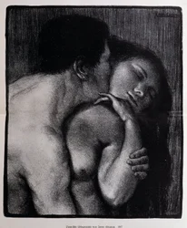 Man kissing a woman. Lithograph by Pere Torne-Esquius