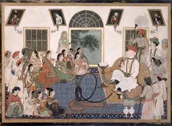 A European, probably Sir David Ochterlony, in Indian dress, smoking a hookah and watching a nautch in his house at Delhi