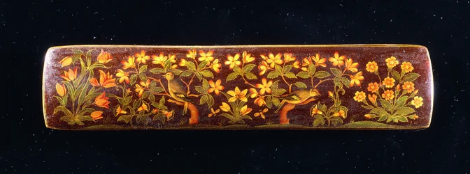 A Qalamdan, depicting finches perched on plum blossom branches