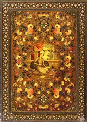 A Zand Book Cover Painted with a Central Seated Figure within an Interior, Surrounded by Floral Sprays