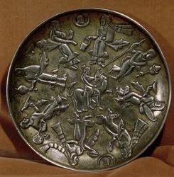 Dish with relief decoration depicting the goddess Anahita surrounded by eight female figures