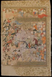 Folio from a Rawzat al-Safa (Garden of Felicity) by Mirkhwand (d. 1498); The Battle against the Byzantines for Aleppo, Shiraz, Iran, Safavid period, 1571-72
