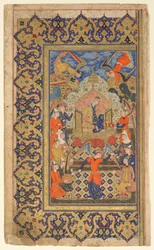 Folio from a Shahnama (Book of Kings) by Firdawsi; Bilqis Enthroned; text of preface, Shiraz, Fars, Iran, Safavid period, c.1590-1600