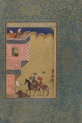 Two Riders Carrying Maces Approaching a Building
