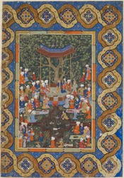 Folio from an unidentified text; A Ruler in a Garden Pavilion Surrounded by Courtiers and Attendants
