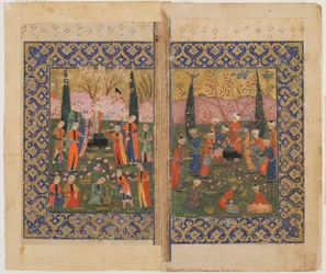 Folio from an unidentified text; Sulayman Enthroned, Shiraz, Iran, c.1560-70
