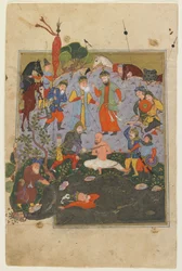 Garsivaz being flogged while Afrasiyab is dragged from the lake (from a Shahnama)