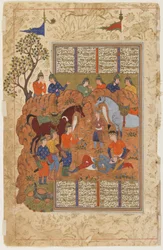 Iskandar comforts the dying Darab from a Shahnama