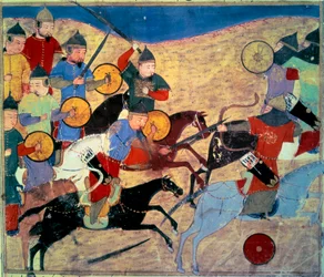 Leak of Noqai, Mongolian horsemen. Persian manuscript Sum of Stories (Djame al-tavarikh) (Folio 155v)