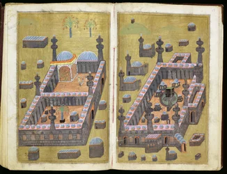 The mosques at Medina & Mecca, from Reasons for Charity, by Mustafa Al-Shukri, 1160