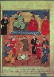 Arghan Khan with two of his wives and his son Ghazan, from a book by Rashid ad-Din