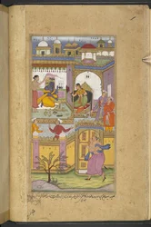 Bhima arriving at the castle of Dvaraka to invite Krishna to the ‘asvamedha’. Krishna who is with his wife Satyabhama pretends not to hear. (Bhawani) from the 