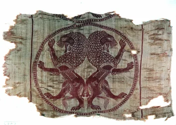 Persian art: embroidered fabric representing two lions of Sassanid inspiration. 8th century AD. Private Collection