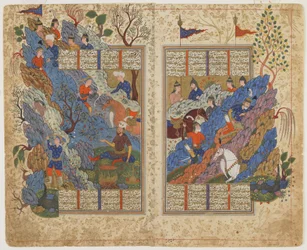 Rustam kicks back the rock rolled on him by Bahman from a Shahnama (Book of kings), c.1590-1600