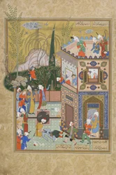 The Fickle Old Lover is Knocked Off the Rooftop, folio from a Haft awrang (Seven thrones) by Jami, probably Mashad, Khurasan, Iran, Safavid dynasty, 1556-1565