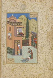 The Murid kisses the Pirs feet, folio from a Haft awrang (Seven thrones) by Jami, probably Mashad, Khurasan, Iran, Safavid dynasty, 1556-1565