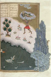 The Sleeping Rustam Carried Through the Air by the Demon Akwan, illustration from the Shahnama (Book of Kings)